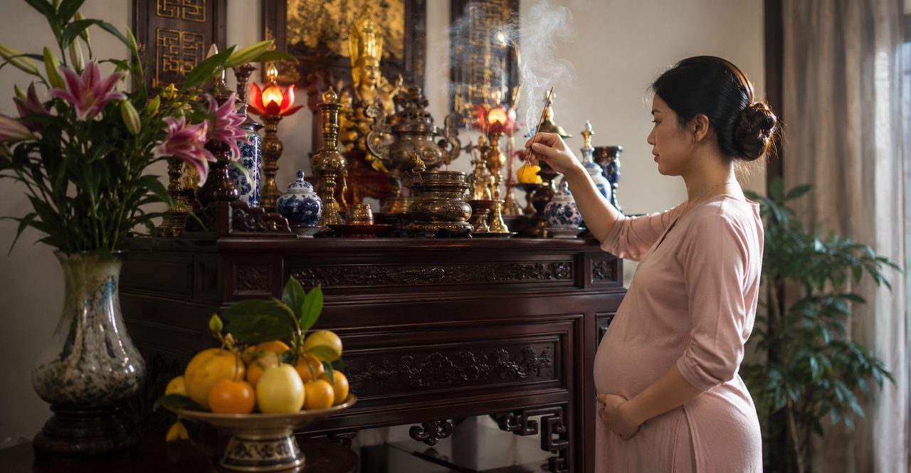 Bà bầu thắp hương trên Bàn Thờ gia đình