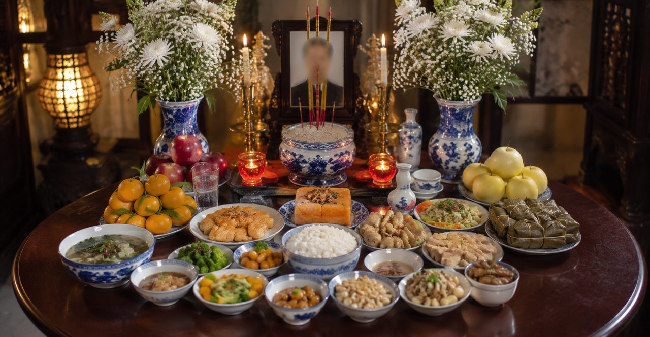 Bàn Thờ gia tiên trang nghiêm để cúng 49 ngày 100 ngày