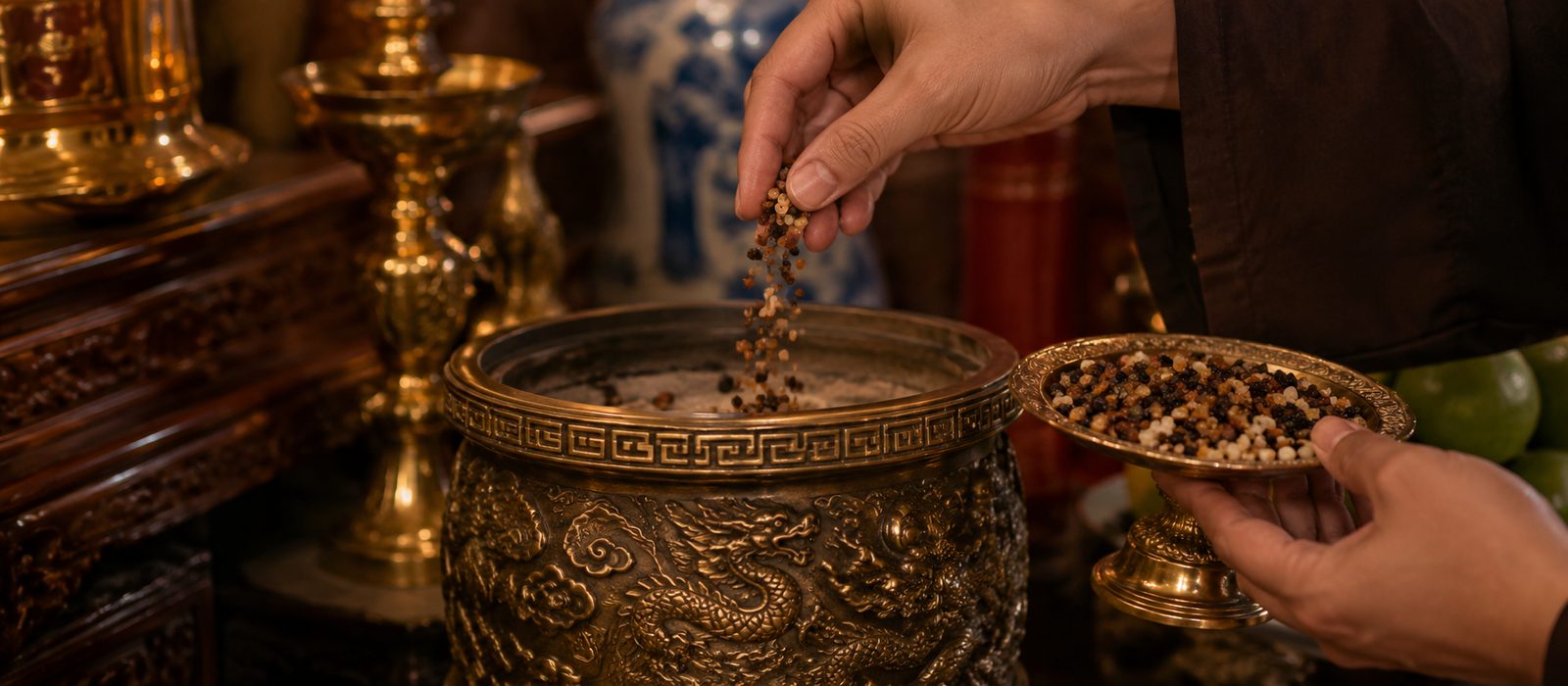 Bát hương trên Bàn Thờ Thần Tài với bộ sứ đầy đủ
