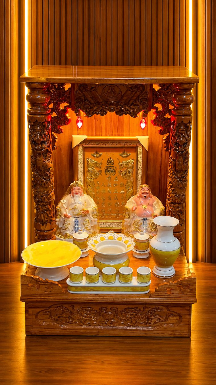 Combo Vượng Tài: bàn thờ chân quỳ 61×81, bài vị dát vàng, tượng bột đá 10 inch mẫu ghế vuông